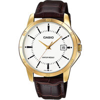 MTP-V004GL-7AUDF | Đồng Hồ Casio | Nam | Dây Da | Viền Mạ Vàng | 3 Kim | Chống Nước