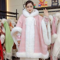 [MTT lựa chọn bán chạy] Áo Khoác Len Cổ lông in hoa kẻ sọc dày dặn lót nhung cỡ lớn cổ điển Áo choàng nữ khăn choàng áo choàng dài giữa