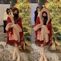 [MTT lựa chọn bán chạy] Mùa đông mới cổ lông lớn cộng với nhung dày áo choàng đỏ khăn choàng áo choàng màu tương phản bông tuyết dài giữa