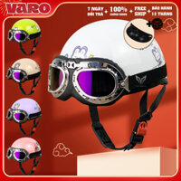 Mũ Bảo Hiểm Nửa Đầu VaroHelmet Tem Thỏ, Gấu Dễ Thương Kèm Kính Phi Công, Kính UV Chính Hãng