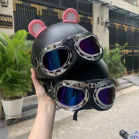 Mũ bảo hiểm phượt Haly nửa đầu kèm Kính phi công + tai gấu