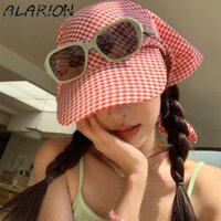 Mũ Bóng Chày Kẻ Sọc ALARION, Mũ Bandana Thêu Phong Cách Hàn Quốc, Phụ Kiện Trang Phục Nơ Cotton Vintage Chữ Khăn Trùm Đầu Mũ Bên Biển