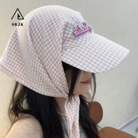 Mũ Bóng Chày Kẻ Sọc SKJK, Mũ Bandana Thêu Phong Cách Hàn Quốc, Nơ Cotton Đơn Giản Vintage Khăn Trùm Đầu Mũ Đi Biển