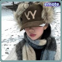 Mũ bóng chày sang trọng EMOTE, Mũ lưỡi trai ngắn vành lông vũ, Vải nhung ấm áp ​Mũ bảo vệ tai dày thêu chữ cho nữ