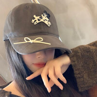 Mũ bóng chày thêu hình chó con phong cách Hàn Quốc cho phụ nữ, mũ che nắng ngoài trời đa năng, mũ thời trang giảm béo mặt với nơ và mũi vịt