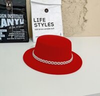 Mũ cao bồi vành bằng nón phớt nỉ fedora nam nữ phối đai ngọc trai nhân tạo chất liệu nỉ  Hàng nhập Dona23032601 - đỏ