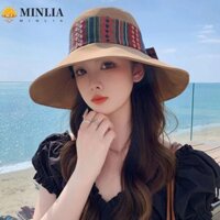 Mũ Chống Nắng Nữ MINLIA, Mũ Nơ Phong Cách Dân Tộc Chống Tia UV, Kem Chống Nắng Màu Trơn Thời Trang Mũ Panama Vành Rộng Nắp Xô Du Lịch