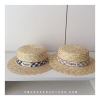 Mũ cói đi biển cho bé HK KIDS, nón cói rộng vành che nắng mùa hè cho bé trai, bé gái chữ POPELIN (mã MU007)