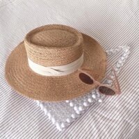 Mũ cói đi biển gắn ruy băng siêu sang,mũ cói đan rộng vành