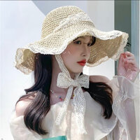 Mũ cói đi biển vành rộng, nón cói nữ có thể gấp gọn phong cách tiểu thư nàng thơ đi biển đi chơi đi du lịch có dây buộc