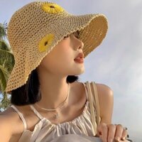 Mũ cói đi biển vành rộng thêu hoa cúc đẹp, Nón cói đu lịch thời trang có thể gấp gọn