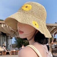 Mũ cói đi biển vành rộng thêu hoa cúc đẹp, Nón cói đu lịch thời trang có thể gấp gọn Hat Women