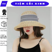 Mũ cối đi biển vành rộng uốn cong đai nơ kẻ sọc thời trang