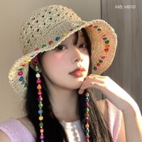 Mũ cói móc retro vành rộng KAMAKA đính hạt sắc màu - M010
