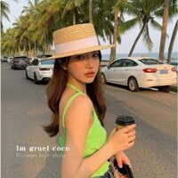 Mũ cói Nón cói chữ M đi biển cao cấp, sang chảnh, phối ruy băng trắng LINNO_MC23