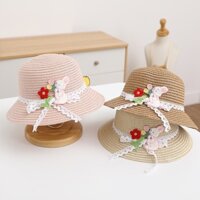 Mũ cói, nón cói đi biển vành rộng panama mùa hè, mềm mát họa tiết chú thỏ đáng yêu cho bé gái (KTD-MC03)