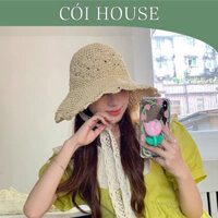 Mũ cói nón cói rộng vành đan hoa dây ren nơ xinh xắn-Cói House