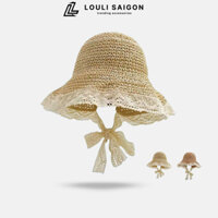 Mũ cói nữ đi biển LOULI SAIGON dáng cụp viền bèo, nón cói mềm chống nắng vành rộng nơ ren vintage MC01