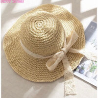 Mũ cói nữ đi biển vành rộng, nón tiểu thư cao cấp thời trang có dây buộc nơ