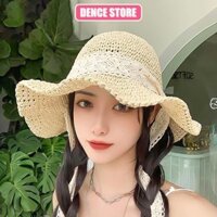 Mũ cói nữ đi biển vành rộng, Nón cói thời trang cao cấp tiểu bánh bèo thư có dây buộc Voi Hat