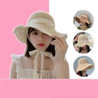 Mũ cói nữ đi biển vành rộng thời trang cao cấp tiểu thư có dây buộc ABIKINI M014