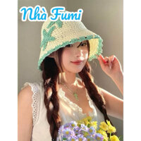 Mũ cói nữ, nón cói form mềm che nắng đi biển thời trang tone kem hình sao biển