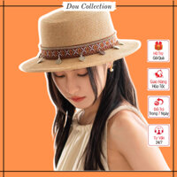 Mũ cói PANAMA cao cấp vành ngắn, Nón cói đứng form phong cách vintage họa tiết cổ điển thời trang xuân hè - Mã NC060