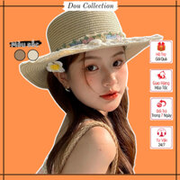 Mũ Cói Rộng Vành Unisex, Nón Đi Biển Phối Viền Hoa Phong Cách Tiểu Thư Nhẹ Nhàng Hai Màu Be & Nâu - Mã NC086