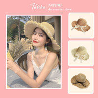 Mũ Cói Unisex Nữ, Nón Cói Vành Rộng Họa Tiết Trơn Phối Dây Ren Nơ Phong Cách Tiểu Thư Thời Trang Xuân Hè - Mã NC008