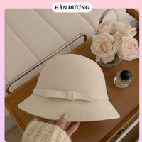 Mũ dạ vành cụp thu đông đai dạ đính nơ xinh xắn phong cách cổ điển