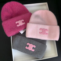 Mũ dệt kim trắng màu hồng sang trọng cho nữ lông thỏ dày mùa đông thời trang mới