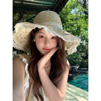 Mũ đi biển vành rộng ,nón cói dây nơ ren cột cằm tiểu thư sang chảnh