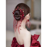 [Mũ đội đầu cô dâu] Phụ kiện cưới mới cho váy cưới màu đỏ, hoa lụa thủ công, bông tai, phụ kiện tạo kiểu váy cưới