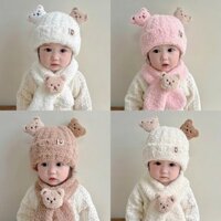 Mũ Khăn Len Gấu 3D Lông Cừu 2 Lớp Kèm Khăn Quàng Cổ Khăn Quàng Cổ Cho Bé Hàng QC (GDVU)