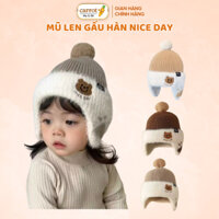 Mũ Len Bịt Tai Mùa Đông Cho Bé Có Hình Gấu Thêu Dễ Thương, Mũ Len Cho Bé Trai Bé Gái
