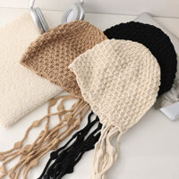 Mũ len bóng tua rua mùa thu đông cho phụ nữ, mũ bảo vệ tai, mũ trùm đầu handmade thời trang, ấm áp, mũ đan dày thời thượng