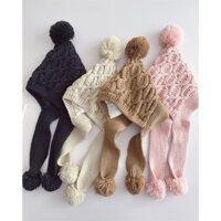 Mũ len chùm tai quả bông liền khăn quàng cổ cho bé giữ ấm mùa đông lạnh size từ 3-8 tuổi
