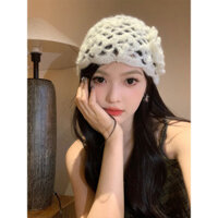 Mũ len đan móc phong cách Hàn Quốc mới cho phụ nữ, mùa hè, mỏng, thoáng khí, đa năng, làm thon gọn khuôn mặt~