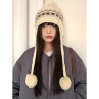 Mũ len đan thủ công phong cách Fair Isle mùa thu và đông cho phụ nữ, mũ bảo vệ tai có pom-pom ấm áp và dễ thương, làm thon gọn khuôn mặt đa năng