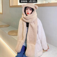 Mũ len hàn quốc lông cừu tai gấu cao cấp Zozo mũ len nữ trùm đầu kèm khăn quàng cổ mùa đông giữ ấm dễ thương