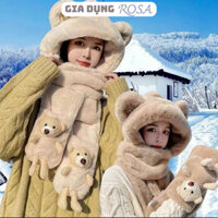 Mũ len kèm khăn quàng cổ bảo vệ tai siêu mềm mịn - Khăn mũ lông trùm đầu kèm gấu đút tay AT268