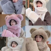 Mũ Len Lông Cừu Hình Gấu 3 in 1 Kèm Xỏ Tay, Chất Liệu Dày Dặn Loại 1 Phong Cách Hàn Quốc Women Hat Voi