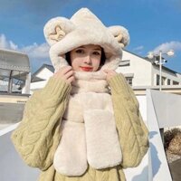 Mũ Len Lông Cừu Hình Gấu 3 in 1 Kèm Xỏ Tay, Chất Liệu Dày Dặn Loại 1 Phong Cách Hàn Quốc Nữ Women