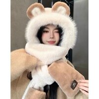 Mũ len lông cừu mùa đông,  mũ len nữ nơ trùng đầu tích hợp khăn quàng cổ nón tai ngắn T153
