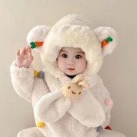 Mũ len lông cừu, nón len trùm đầu, mũ lông cừu cho bé tai gấu kèm cà rốt dễ thương giữ ấm mùa đông