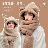 Mũ Len Lông Cừu Tai Gấu Kèm Khăn Quàng Cổ và Bao Tay Giữ Ấm Mùa Đông, Nón Len Trùm Đầu Mềm Mịn Phong Cách Hàn Quốc