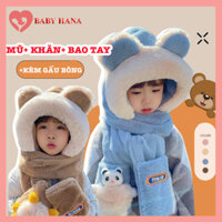 Mũ Len Lông Cừu Trùm Đầu Liền Khăn Quàng Cổ Và Găng Tay Giữ Ấm Cho Bé, Nón Len Có Bao Tay Kèm Gấu Bông Dễ Thương