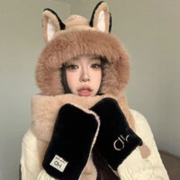 Mũ len lông thỏ tai cáo 3in1  kèm khăn quàng cổ và găng tay 2 lớp dày dặn