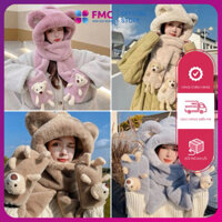 Mũ Len Lông Thỏ Tai Gấu Kèm Khăn và Găng Tay 3in1 Lông Siêu Mịn Siêu Ấm