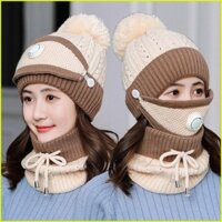 Mũ Len Nam Nữ Hàn Quốc Thời Trang Kèm Khăn Choàng Cổ + Khẩu Trang Có Van Thở Ấm Áp Cho Mùa Đông ✅